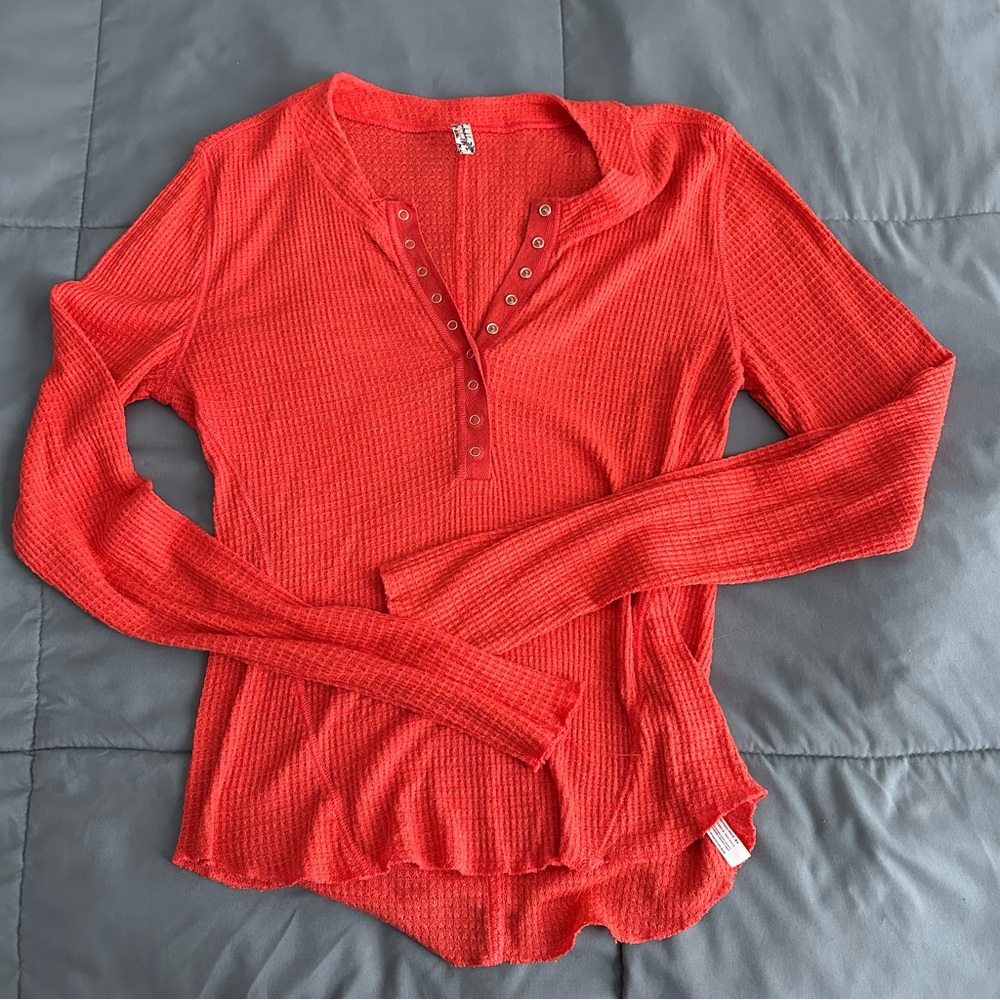 Free People Red One Of The Girls Long Sleeve Henley Top